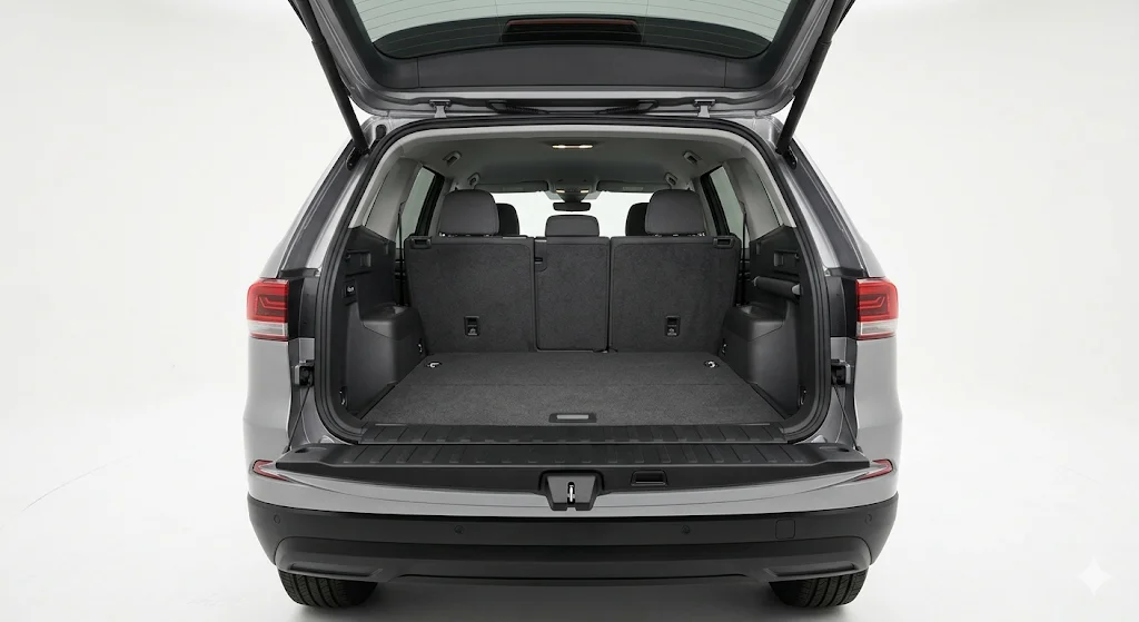 SUV cargo area with tailgate open — transverse trim at the opening sill